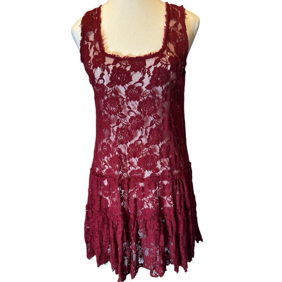 Free People Emily Burgundy Lace Ruffle Slip Babydoll Mini Dress - Picture 3 of 8